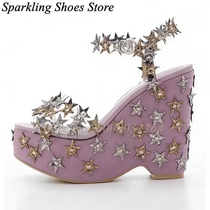 Sandales à talons épais avec étoiles roses scintillantes, Sweetbaby, à bout ouvert, avec bride à bou