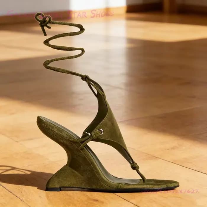 Tabi – sandales à talons compensés en daim marron pour femmes, lanières à pois noires et blanches, t