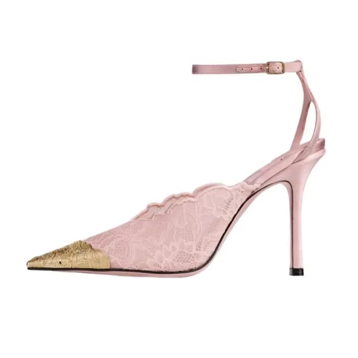 Escarpins slingback à bout pointu en dentelle brodée dorée pour femme, talons aiguilles avec bride c