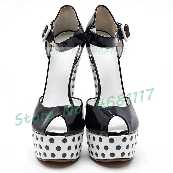 Sandales à plateforme noires à pois pour femme, sexy, à bout ouvert, en cuir verni, avec bride de ch