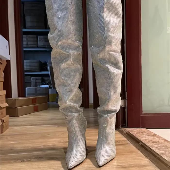 Cuissardes brillantes argentées pour femmes, tout diamant, talon fin, modèle pointu sexy, mode autom