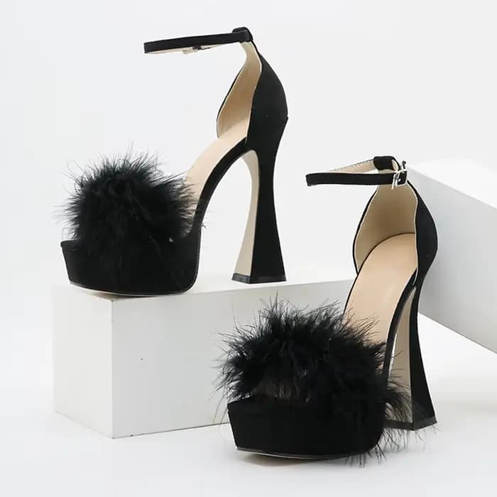Sandales à plateforme pour femmes, chaussures à talons hauts, plumes roses, à la mode, à bout ouvert