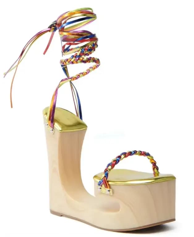Nouvelle Arrivée Sandales Compensées à Lacets en Bois pour Femme, Rouge Arc-en-ciel, à Brides Croisé