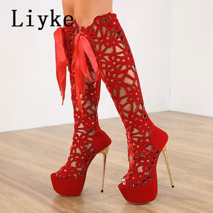 Liyke 16CM Ultra mince talons hauts Sexy discothèque évider sur les bottes au genou femmes Peep orte