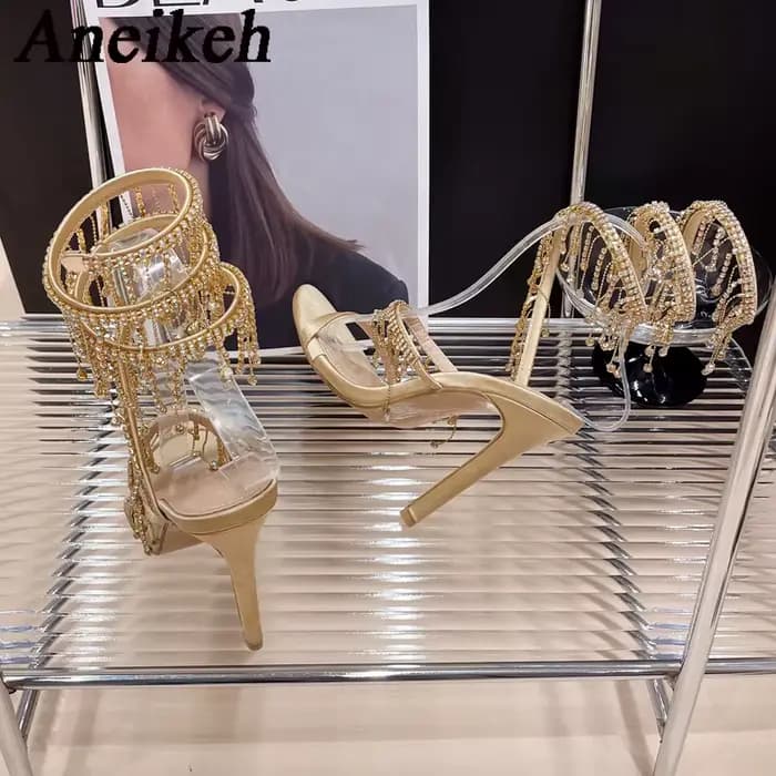 Aneikeh 2026 mode Sexy strass chaîne perle bride à la cheville talons hauts femmes été soie bout ron