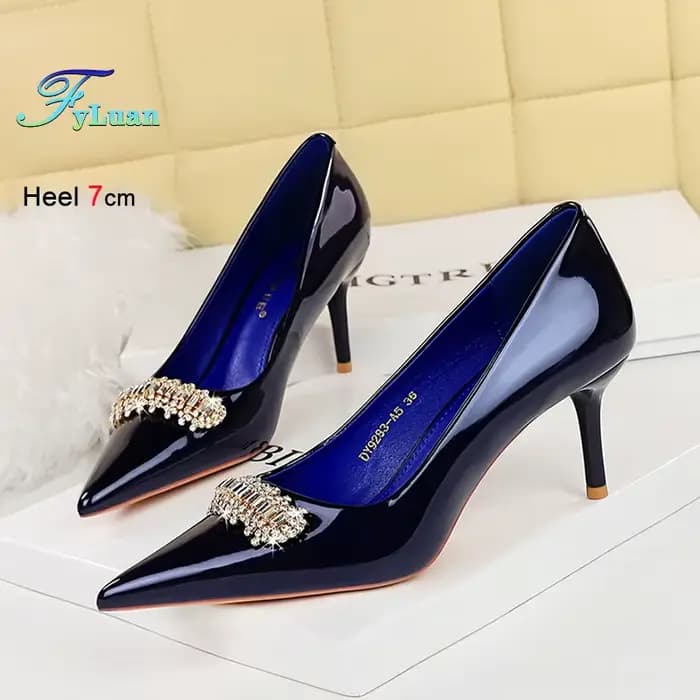 Escarpins d'été à paillettes pour femmes, décoration de strass, talons hauts en cuir verni brillant,