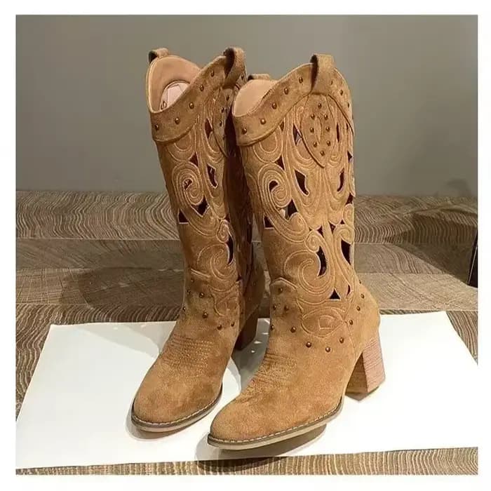 Bottes de cowboy en cuir PU pour femmes, bottes western mi-mollet, talons brodés, creux, mode automn