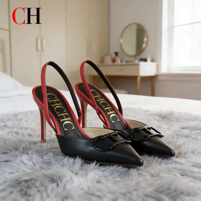 Escarpins Slingback Noir et Rouge Contrastés 2026 CH Fashion pour Femme, Bout Pointu, Boucle Métalli