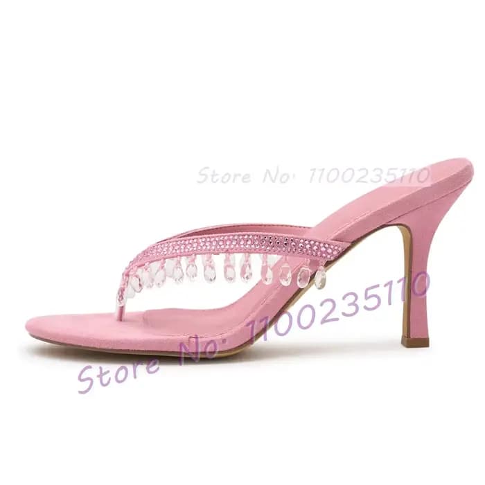 Mules à talons hauts pour femme, style Crystal Drop Heels, avec pendentif scintillant et perles, élé