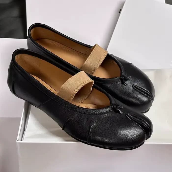 Escarpins Tabi en cuir véritable pour femme, à bout fendu, plissés, à talon bas, semelles souples, s