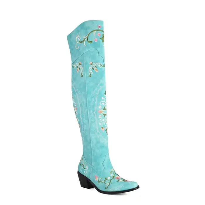 Mode Vintage lac bleu cuir fleurs broderie cuissardes mi talons épais fermeture éclair côté Floral T