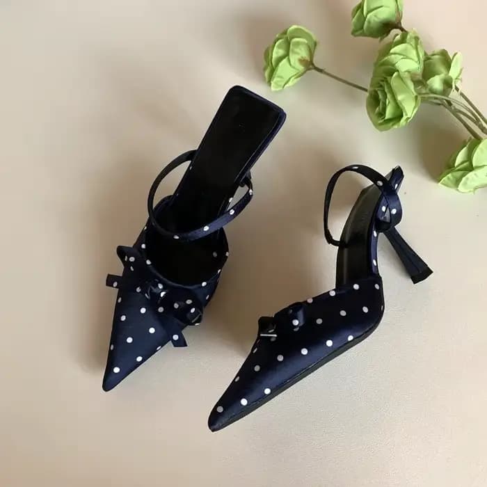 Mules élégantes à talons hauts et bout pointu pour femme, motif pois, avec nœud papillon, pour soiré