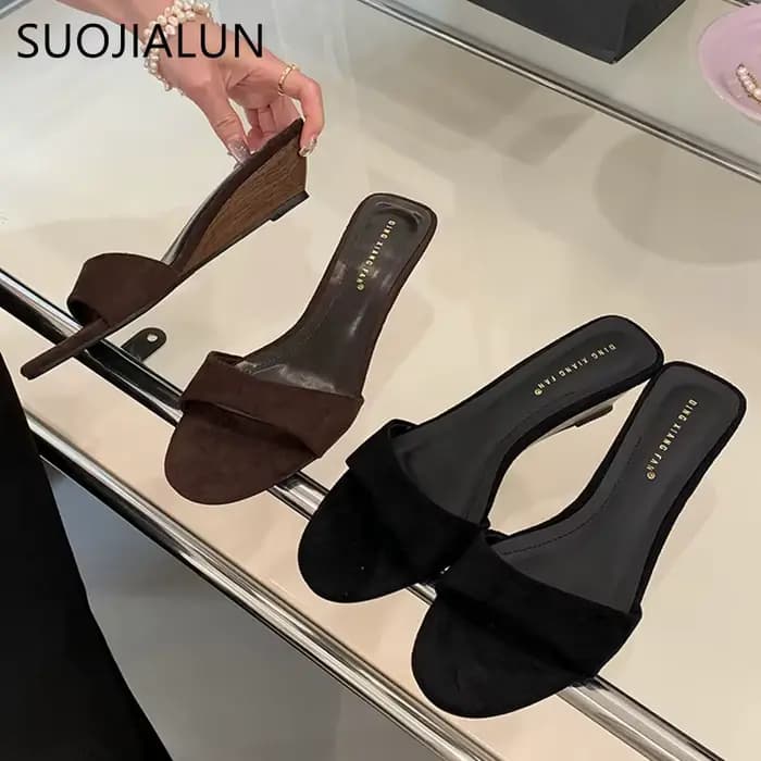 SUOJIALUN 2025 été nouvelles femmes pantoufle mode bas talon compensé dames élégantes diapositives b