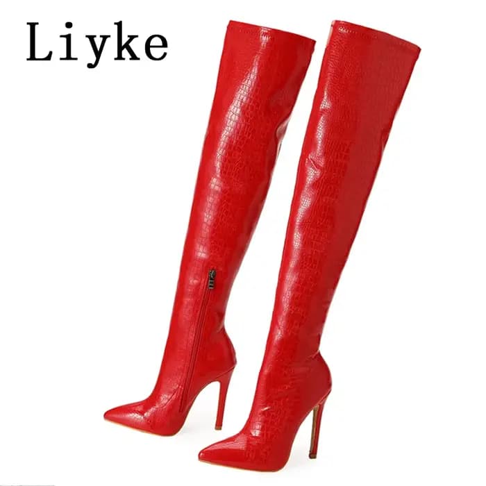 Liyke – bottes en cuir imprimé serpent rouge Sexy pour femmes, au-dessus du genou, escarpins à talon