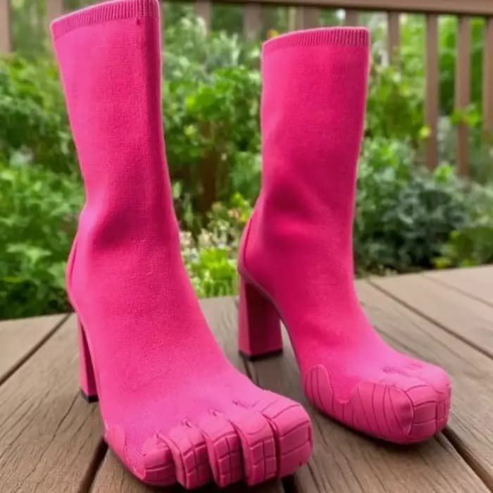 Femmes Fuchsia daim cinq doigts bottes en cuir noir bout fendu talon carré mi-mollet bottes sexy mod