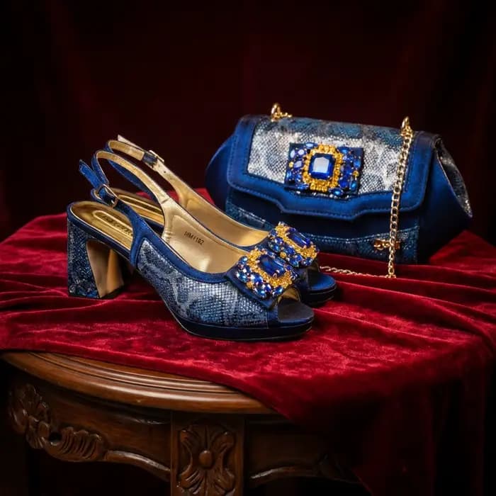 Ensemble Chaussures et Sac de Luxe Italien 2026 pour Femme, à Talons Hauts et Bout Ouvert, Bleu Roya