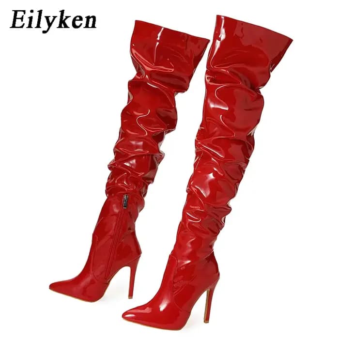 Eilyken-Cuissardes rouges pour femmes, cuissardes à talons hauts, cuir verni, solide, pointu, Parker