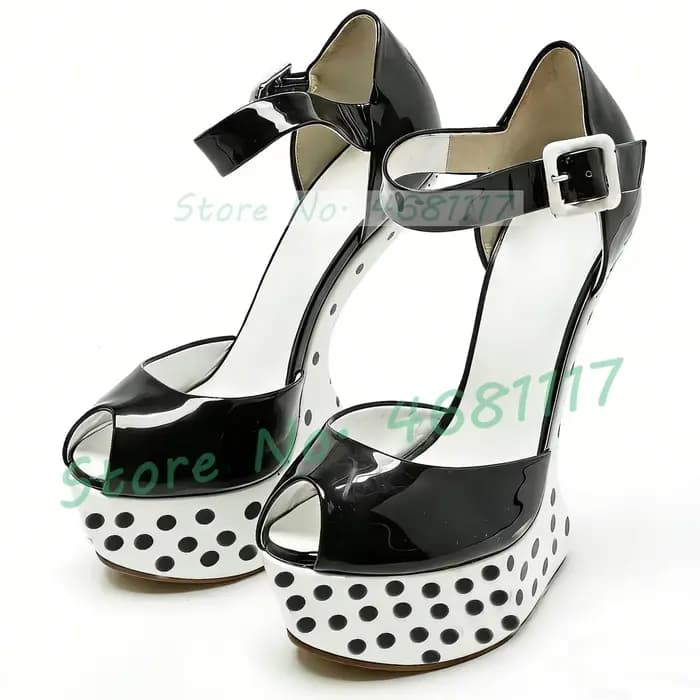 Sandales à plateforme noires à pois pour femme, sexy, à bout ouvert, en cuir verni, avec bride de ch