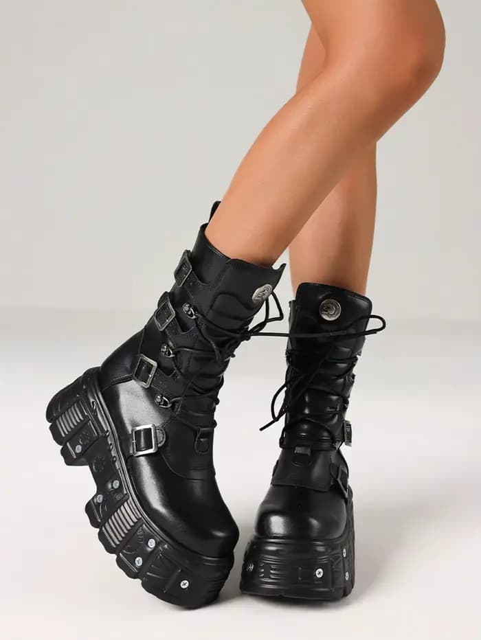 Cool mode femmes bottes de Combat talons épais fond épais goujons fermeture éclair boucle plate-form