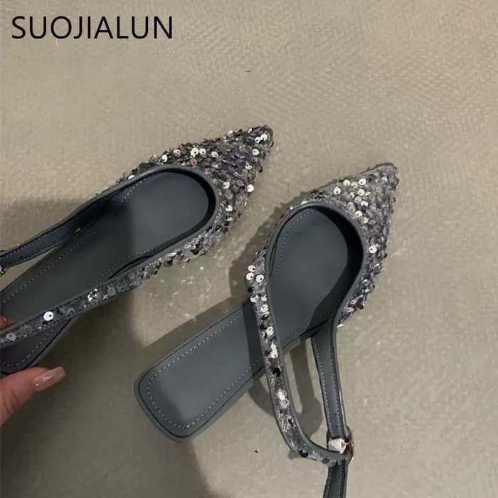 SUOJIALUN-Sandales Bling à Talons Pointus pour Femme, Escarpins à Enfiler, peu Profondes, Élégantes,