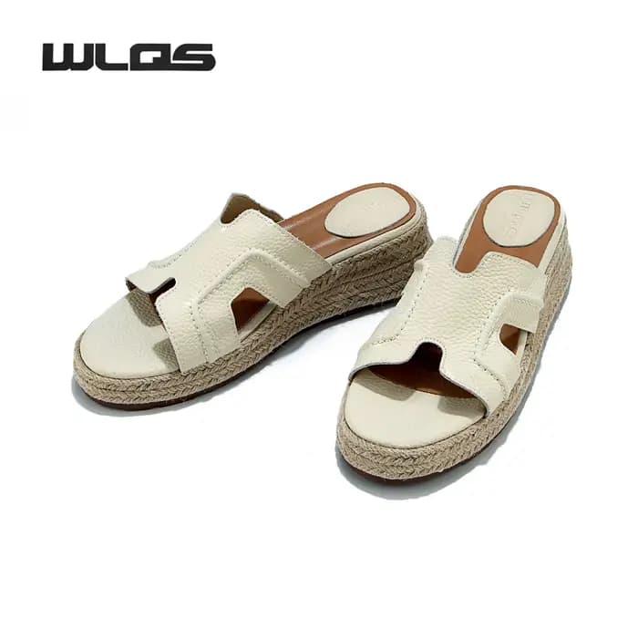WLQS Sandales Femme en Cuir Véritable avec Semelle en Corde de Jute, Mules à Talon Compensé à Bride