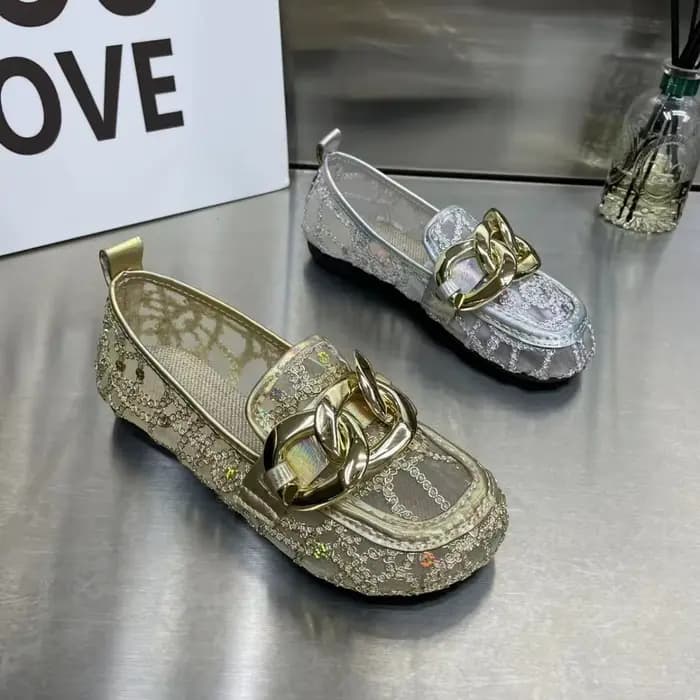 Chaussures plates d'été en maille à paillettes et bout rond pour femmes, chaussures plates à la mode