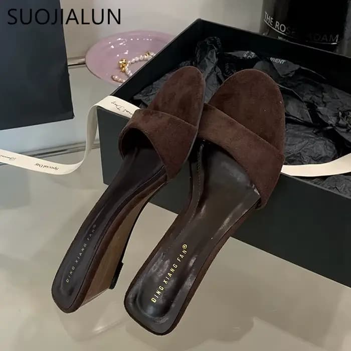 SUOJIALUN 2025 été nouvelles femmes pantoufle mode bas talon compensé dames élégantes diapositives b