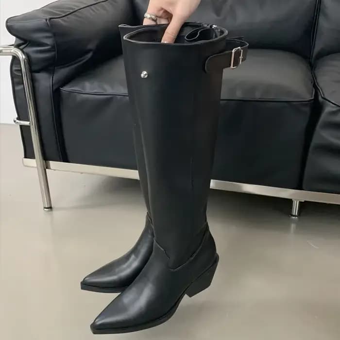 Eilyken-Bottes au genou pointues avec ceinture pour femme, bottes Parker avec fermeture éclair, talo