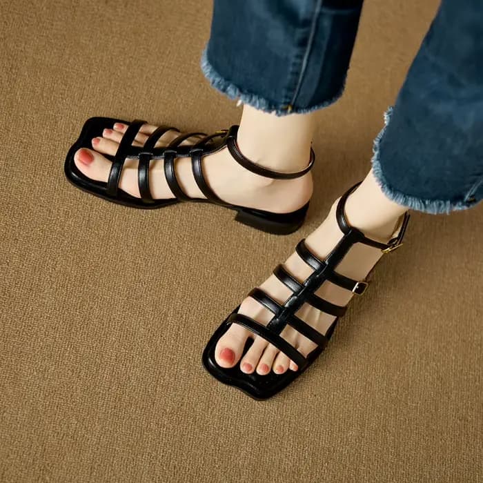QUTAA 2025 femmes sandales chaussures Sexy bout rond fête en cuir talon bas été Slingback pantoufles