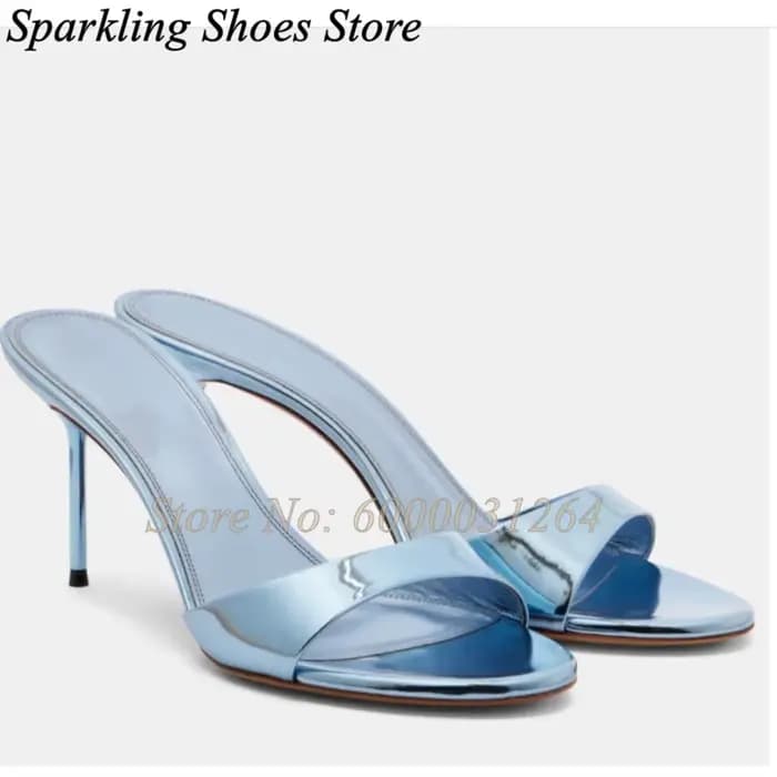 Sandales de luxe d'été en cuir métallisé brillant marron à talon aiguille, à enfiler, avec une seule