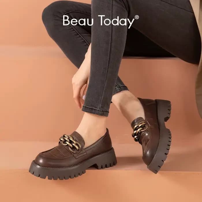 BeauToday-Mocassins épais en cuir véritable pour femme, chaussures à plateforme ronde en métal JOSli