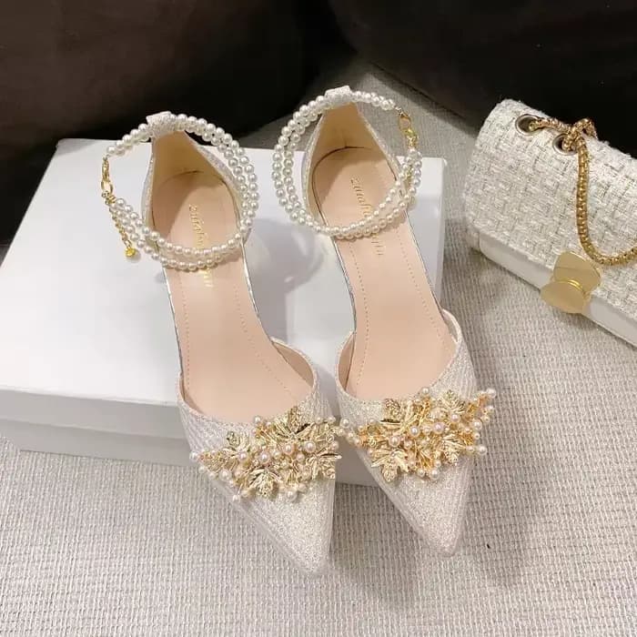 Chaussures pointues en métal perlé pour femmes, chaussures à talons hauts solides, pour loisirs d'ét