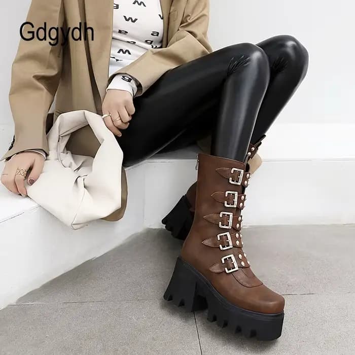 Gdgydh-Bottes à Plateforme Gothiques Punk pour Femme, Chaussures Noires avec Fermeture Éclair Milita