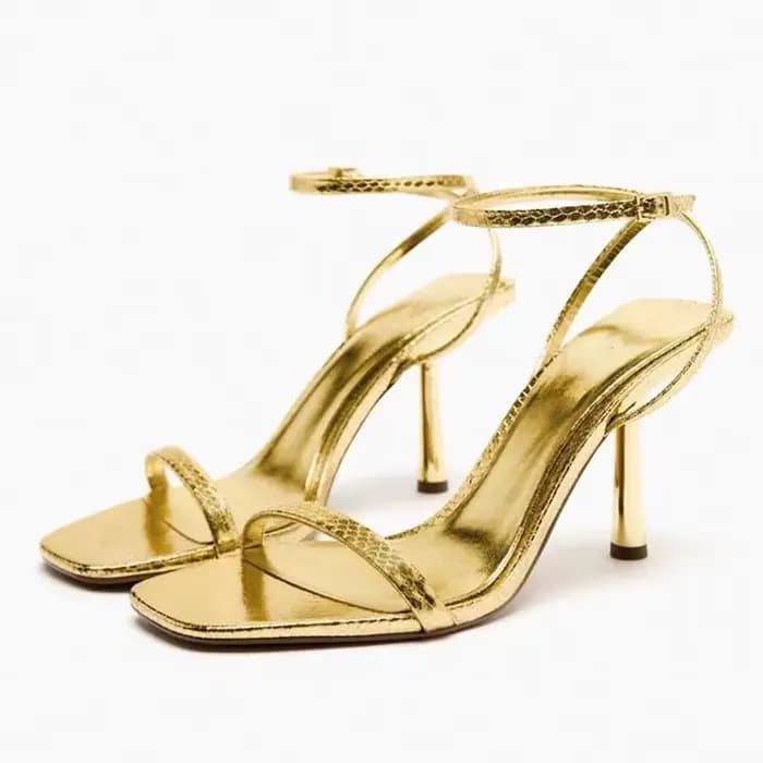 Sandales à bout carré métallique doré pour femmes, talons hauts, Sexy, lanière à la cheville, chauss