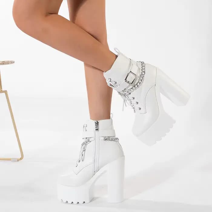 Gdgydh femmes chaîne décor bloc bottes à talons mode à lacets côté fermeture éclair plate-forme bott