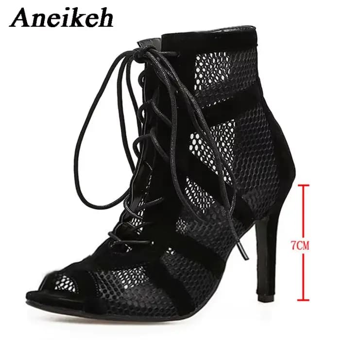 Aneikeh 7CM talon moyen danse évider bride à la cheville sandales bottes 2025 mode été à lacets croi