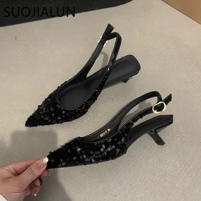 SUOJIALUN-Sandales Bling à Talons Pointus pour Femme, Escarpins à Enfiler, peu Profondes, Élégantes,