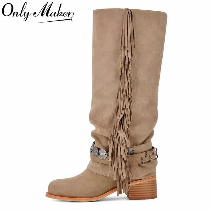 Onlymaker femmes bout rond frange plissée pli sur les bottes hautes talon bloc bottes de mode
