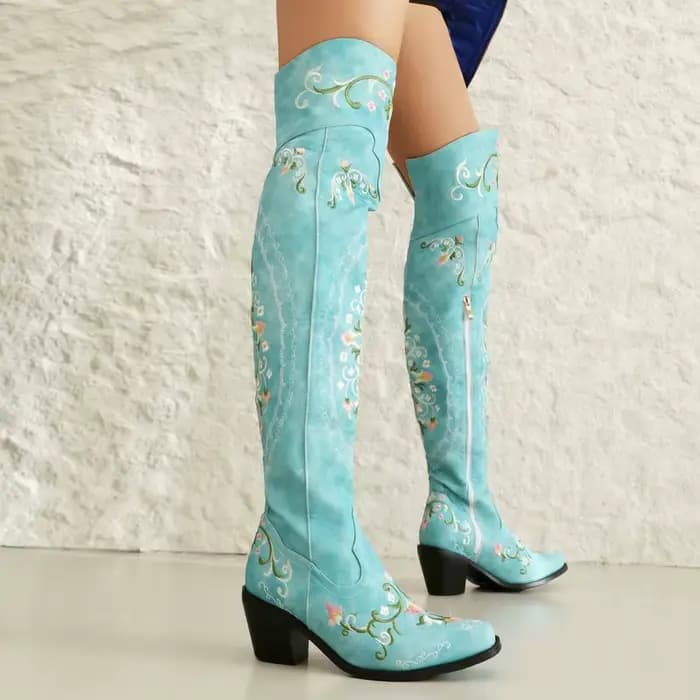 Mode Vintage lac bleu cuir fleurs broderie cuissardes mi talons épais fermeture éclair côté Floral T