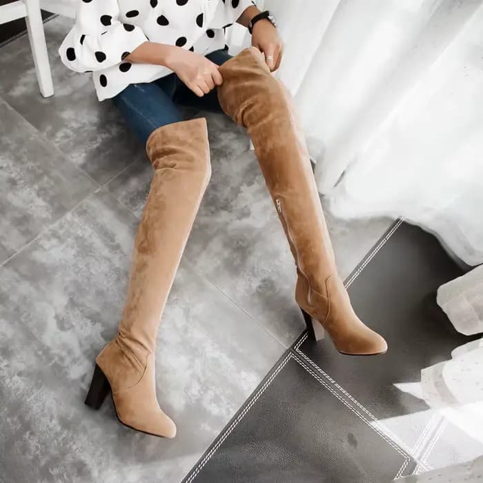 Bottes au dessus du genou pour femmes, talon très haut et épais, doublure en peluche givrée, fermetu