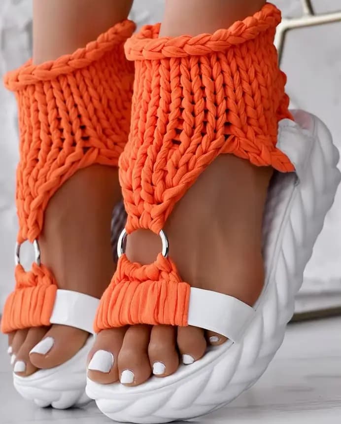 Sandales à Plateforme Tressées avec Anneau Rond pour Femme, Couleur Arc-en-ciel Ombré, Nouvelle Mode