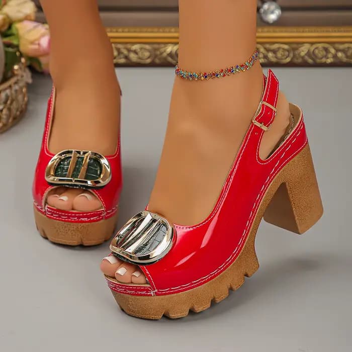 Sandales à plateforme sexy en cuir verni noir à talons épais pour femme, avec boucle métallique vint