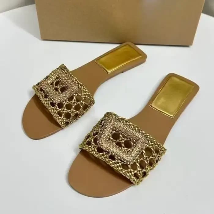 Sandales plates tissées dorées de haute qualité pour femmes, chaussures de plage décontractées quoti