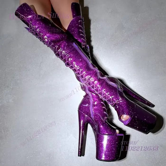 Cuir brillant nuit filles violet Sexy bottes au genou talons ouverts plate-forme noire Peep Toe 20Cm