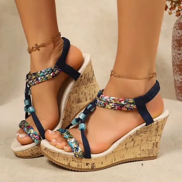 Sandales compensées en cuir pour femme, mode été, grande taille, plateforme mi-haute, noires, nouvel
