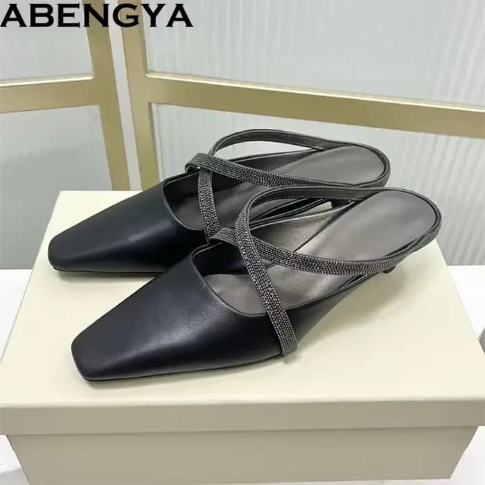 Mules en cuir véritable à talons chaton pour femme, sandales d'été à perles, chaussures de soirée à