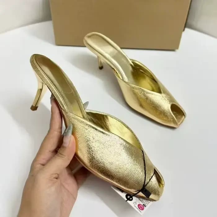 Mules dorées brillantes pour femmes, chaussures à enfiler, à bout ouvert, talons mi-hauts, sandales