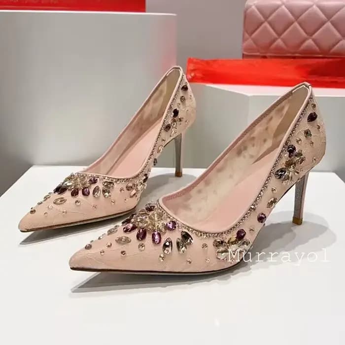 Sandales à talons fins pour femmes, chaussures simples en maille et dentelle à bout pointu, escarpin