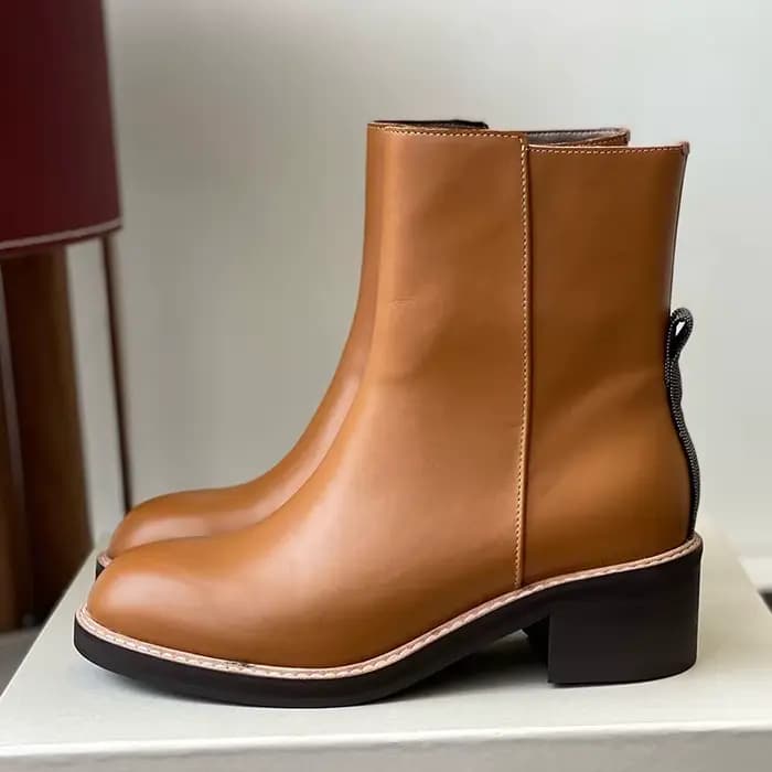 Femmes gros talon haut bottes courtes en cuir véritable bout rond fermeture éclair conception chevil
