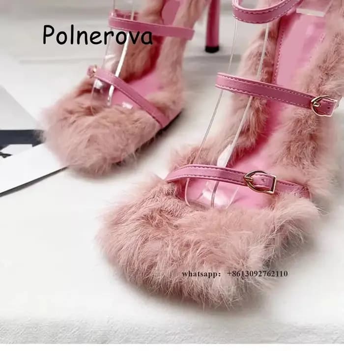 Sandales Parker Carrées en Fourrure pour Femmes, Talons Fins, Ceinture Un Mot, Conception Globale, S